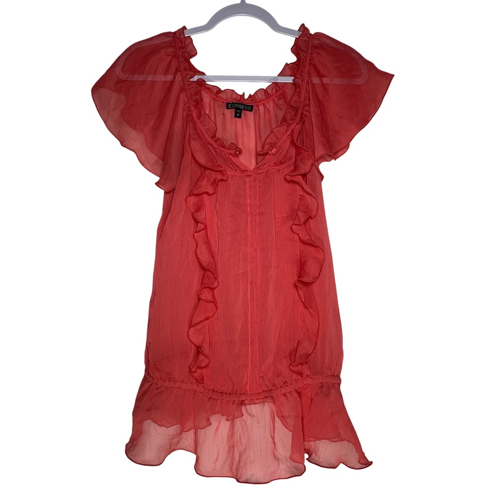 Express Womens Coral Red Sheer Ruffle Flutter Sleeve Chiffon Blouse‎ Top Small